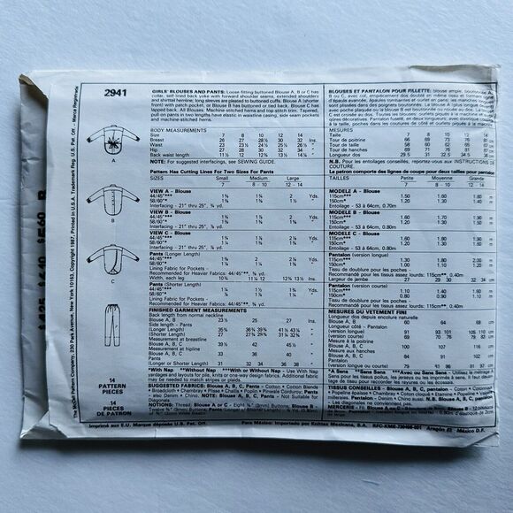 Vintage McCalls Sewing Pattern 2941 Girls Blouses Pants Sz Medium CUT - Picture 2 of 2